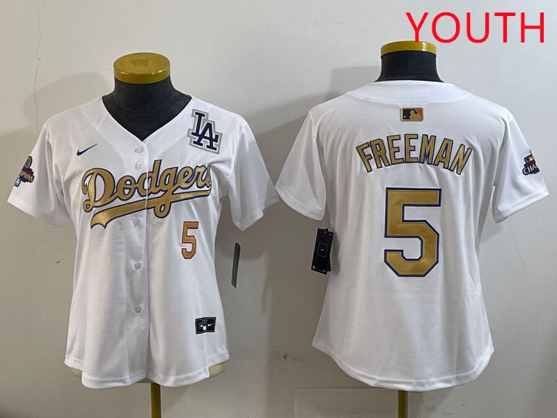Youth Los Angeles Dodgers #5 Freeman White Champion gold character 2025 Nike MLB Jersey style 5->youth mlb jersey->Youth Jersey